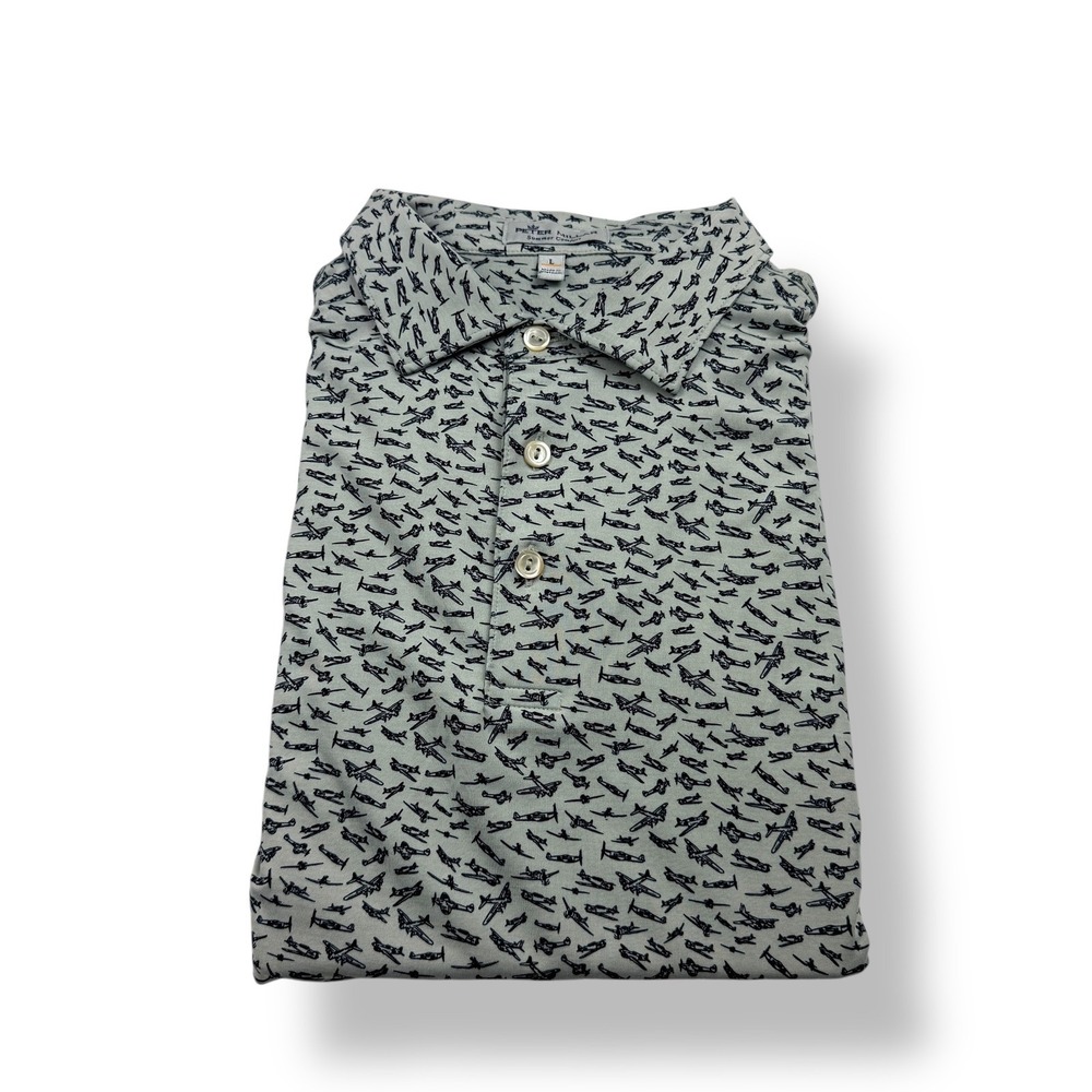 Peter Millar Summer Comfort Mens Large Polo Shirt Airplane Print Golf‎ Detroit